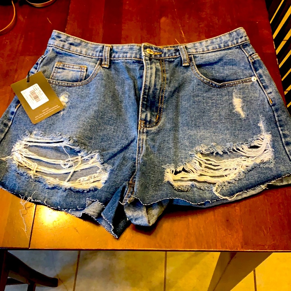 PLT mid blue wash distressed denim shorts